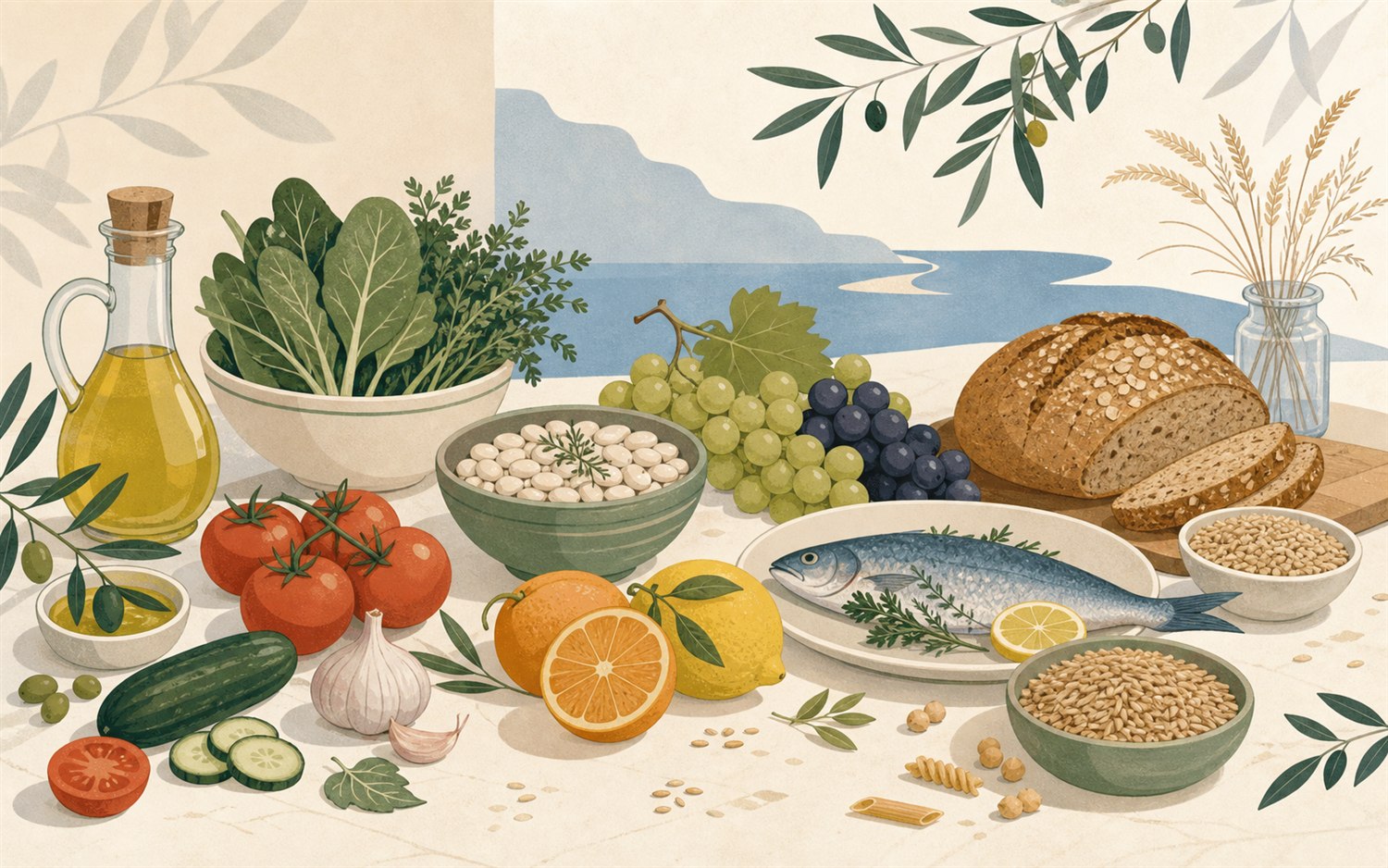Mediterrane voedingsmiddelen met olijfolie, groenten, fruit, peulvruchten, vis en volkorenproducten.