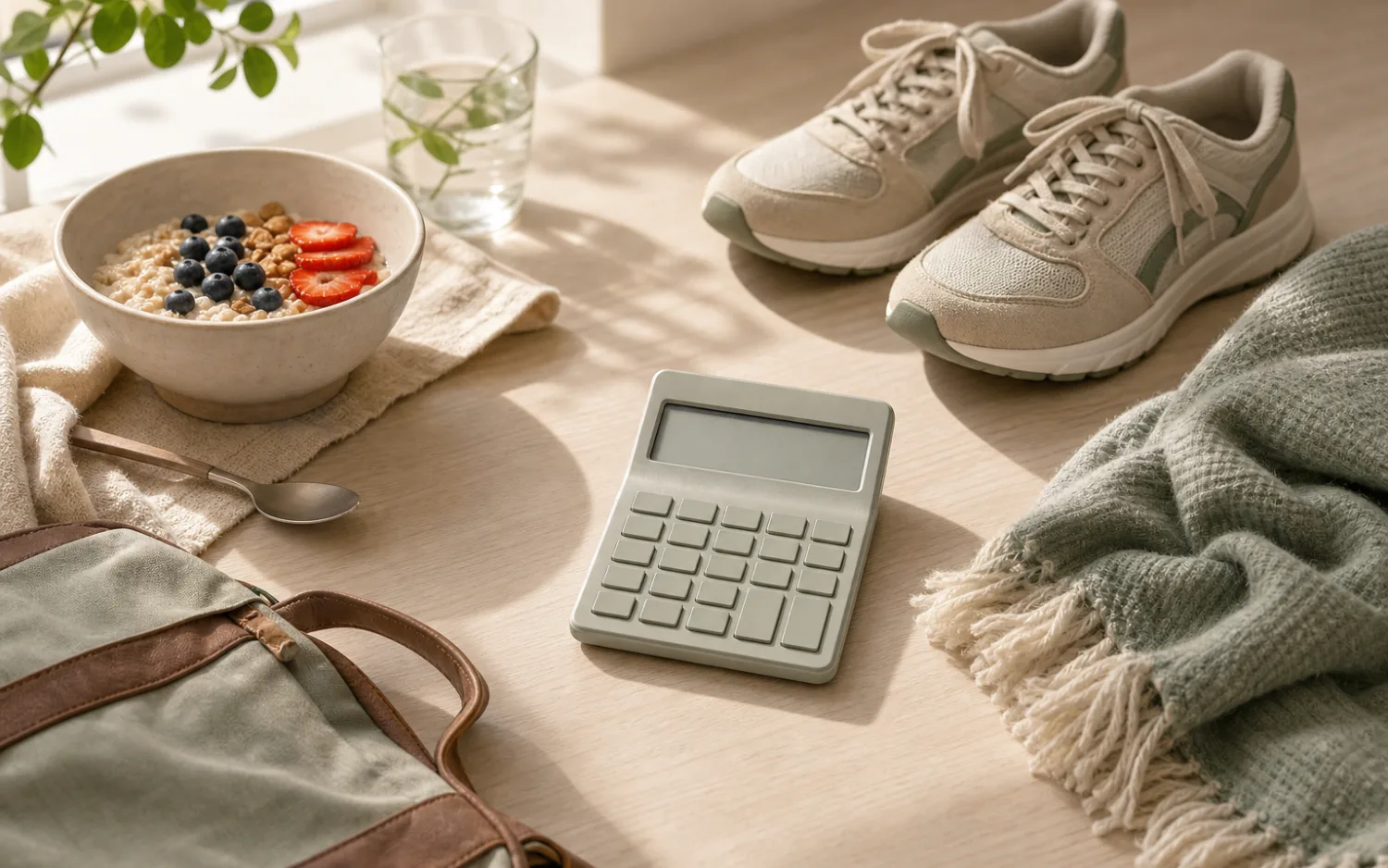 Een lege calculator ligt tussen eten, wandelschoenen, werkspullen en rust als invloeden op dagelijks energieverbruik.