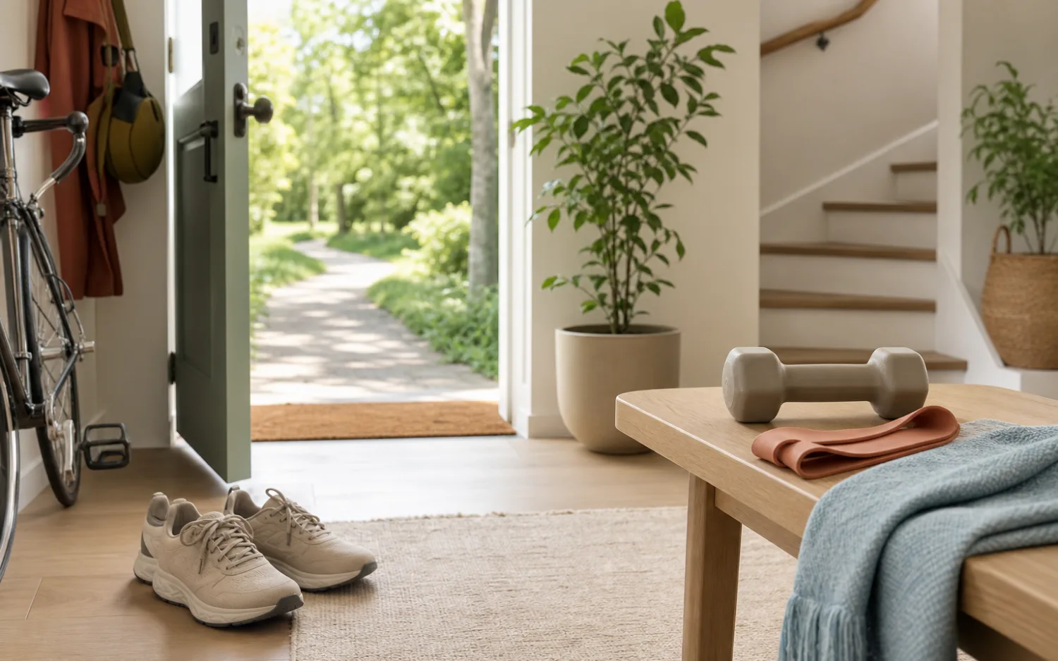 Wandelschoenen, een fiets, trap, weerstandsband en halter tonen verschillende toegankelijke vormen van bewegen.