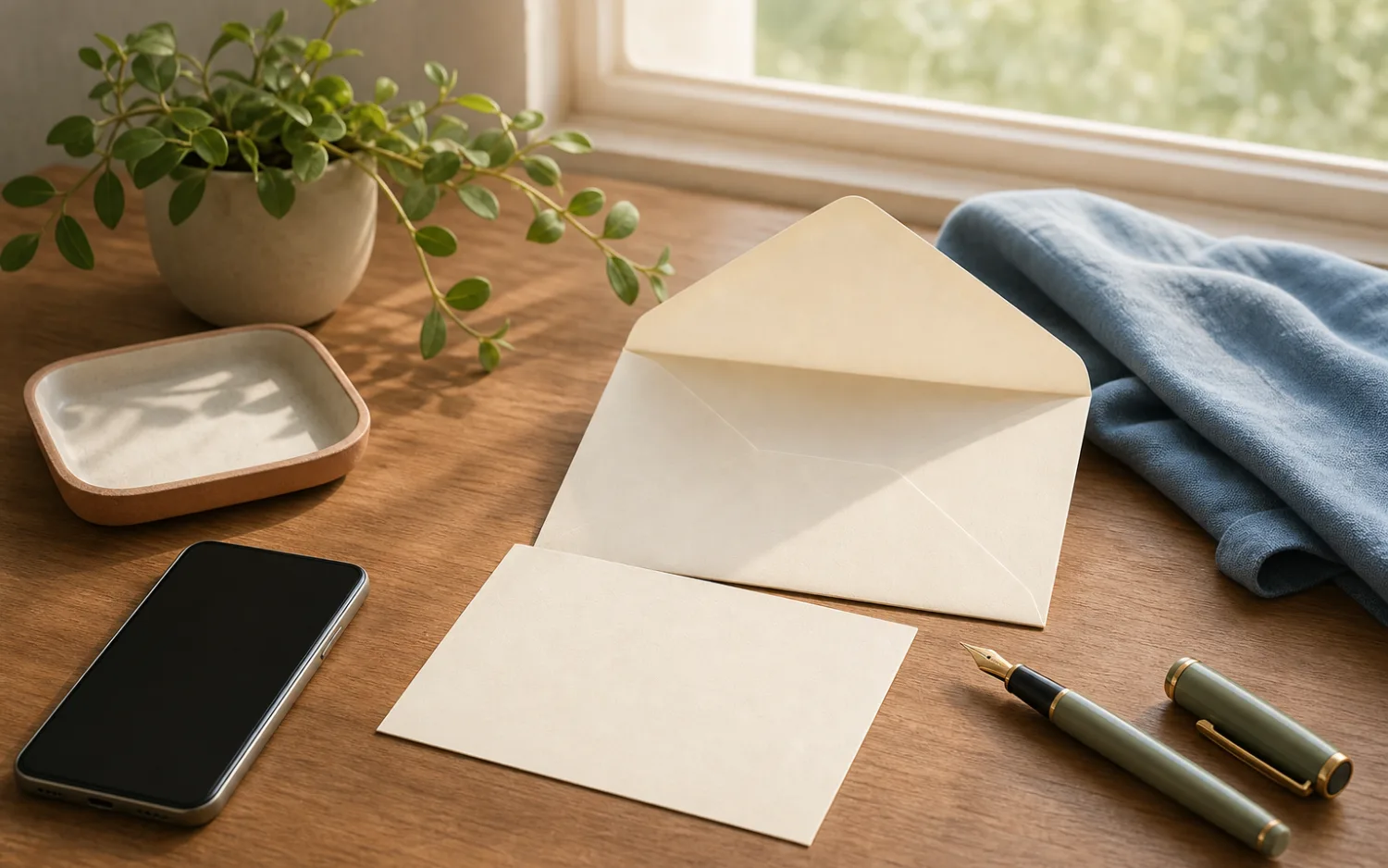 Een blanco briefkaart, open envelop, pen en telefoon verbeelden zorgvuldig en privacybewust contact.