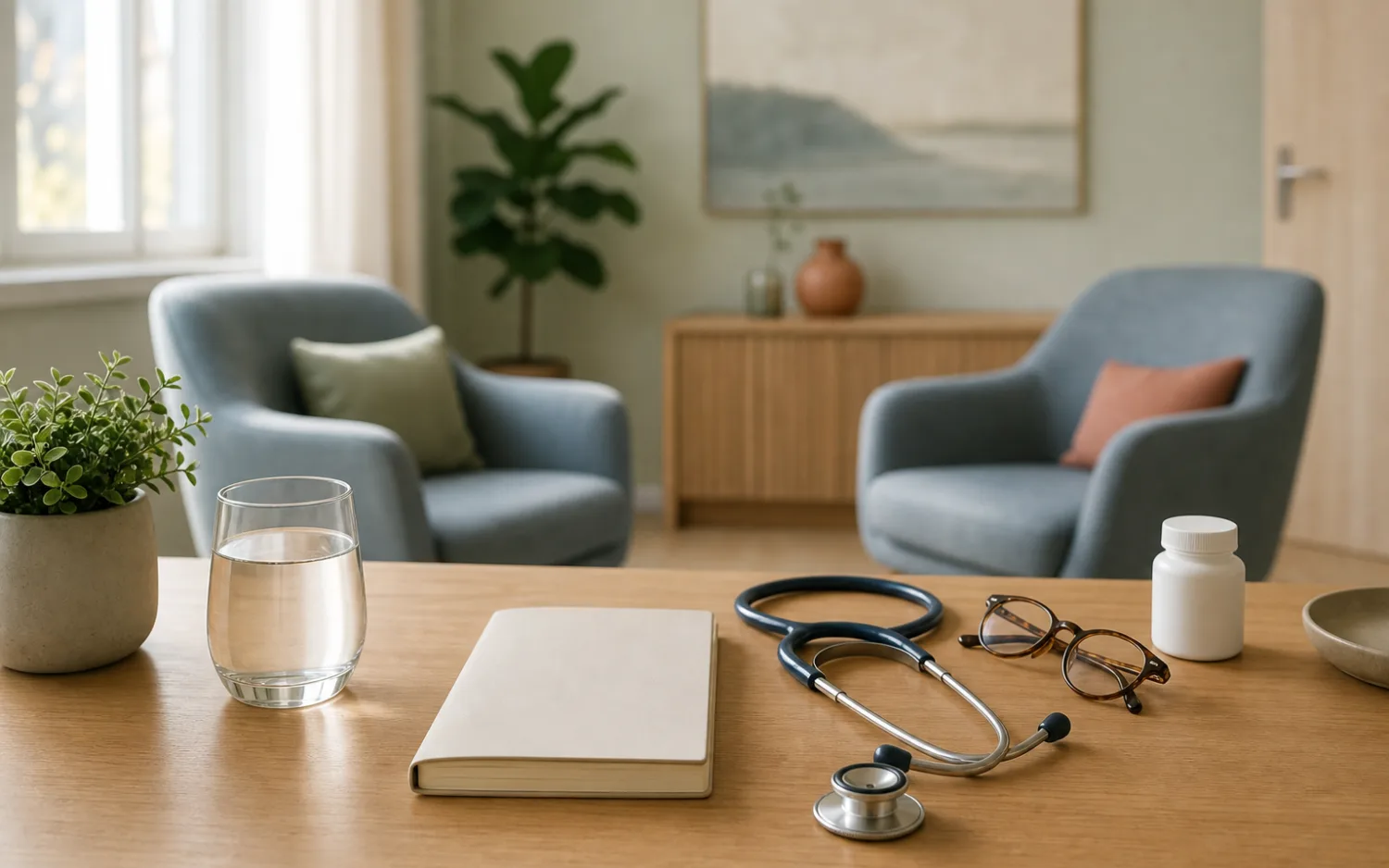 Een rustige gespreksruimte met stethoscoop, blanco notitieboek, water en twee stoelen voor professionele begeleiding.