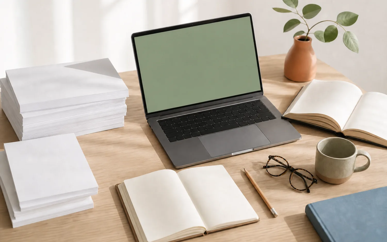Een rustige redactietafel met blanco onderzoeksdocumenten, open boeken en een laptop verbeeldt zorgvuldig publiceren.