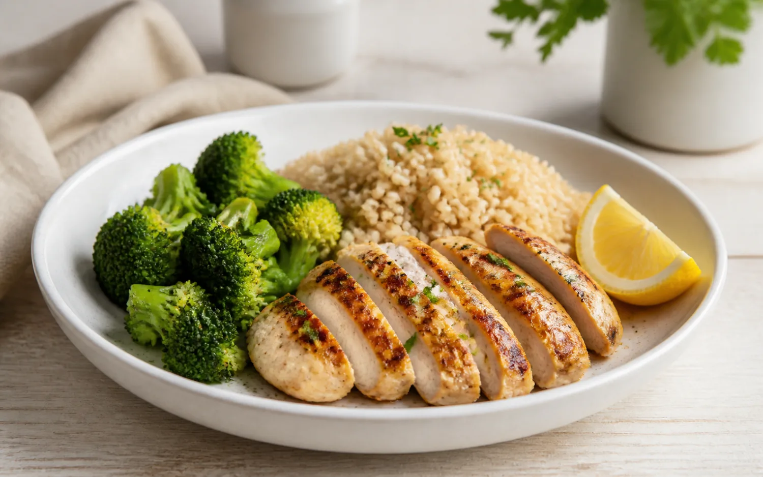 Gegrilde kip met broccoli en rijst geserveerd op wit keramisch servies op een lichte houten tafel.