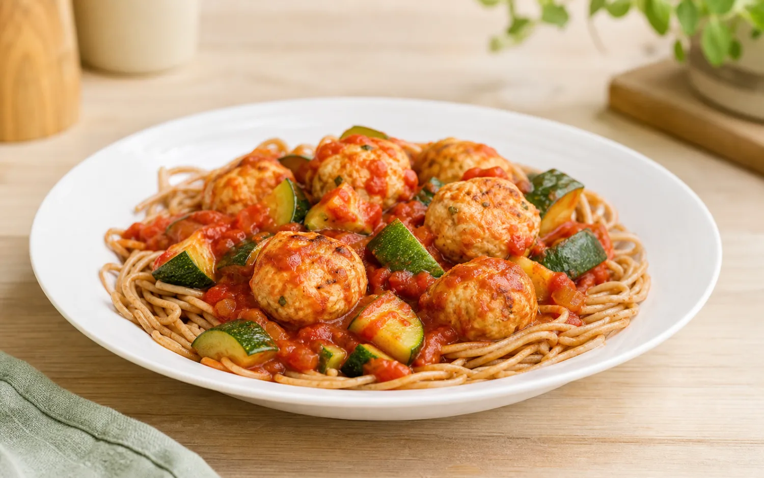 Kipgehaktballetjes in tomatensaus geserveerd op wit keramisch servies op een lichte houten tafel.