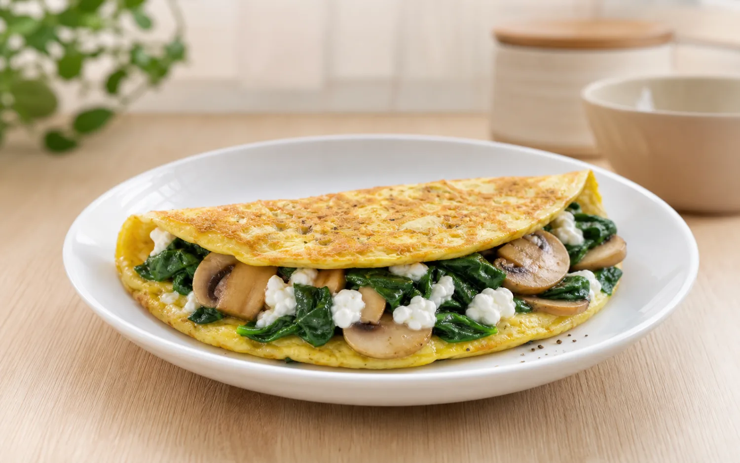 Omelet met spinazie en hüttenkäse geserveerd op wit keramisch servies op een lichte houten tafel.
