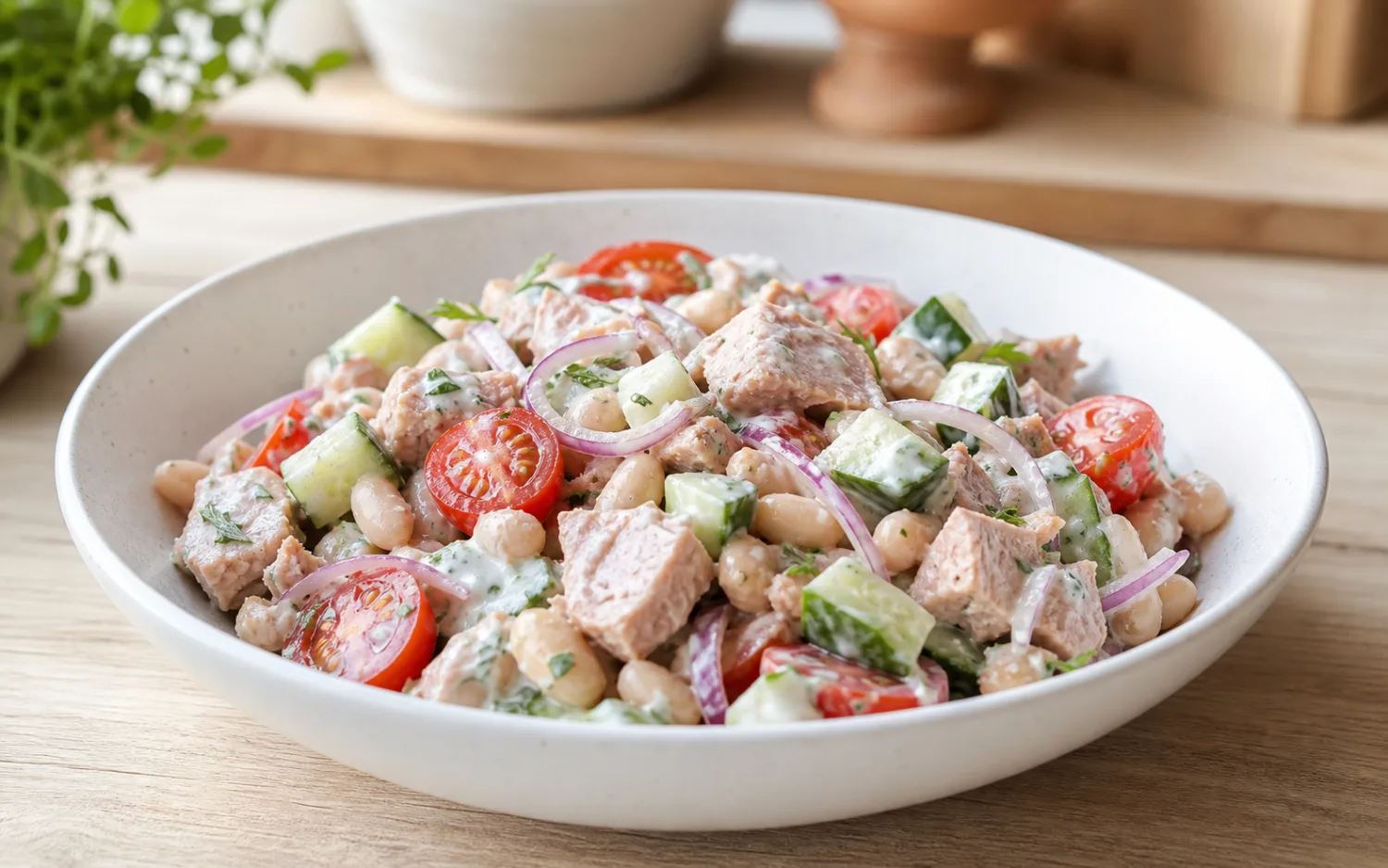 Tonijnsalade met witte bonen geserveerd op wit keramisch servies op een lichte houten tafel.