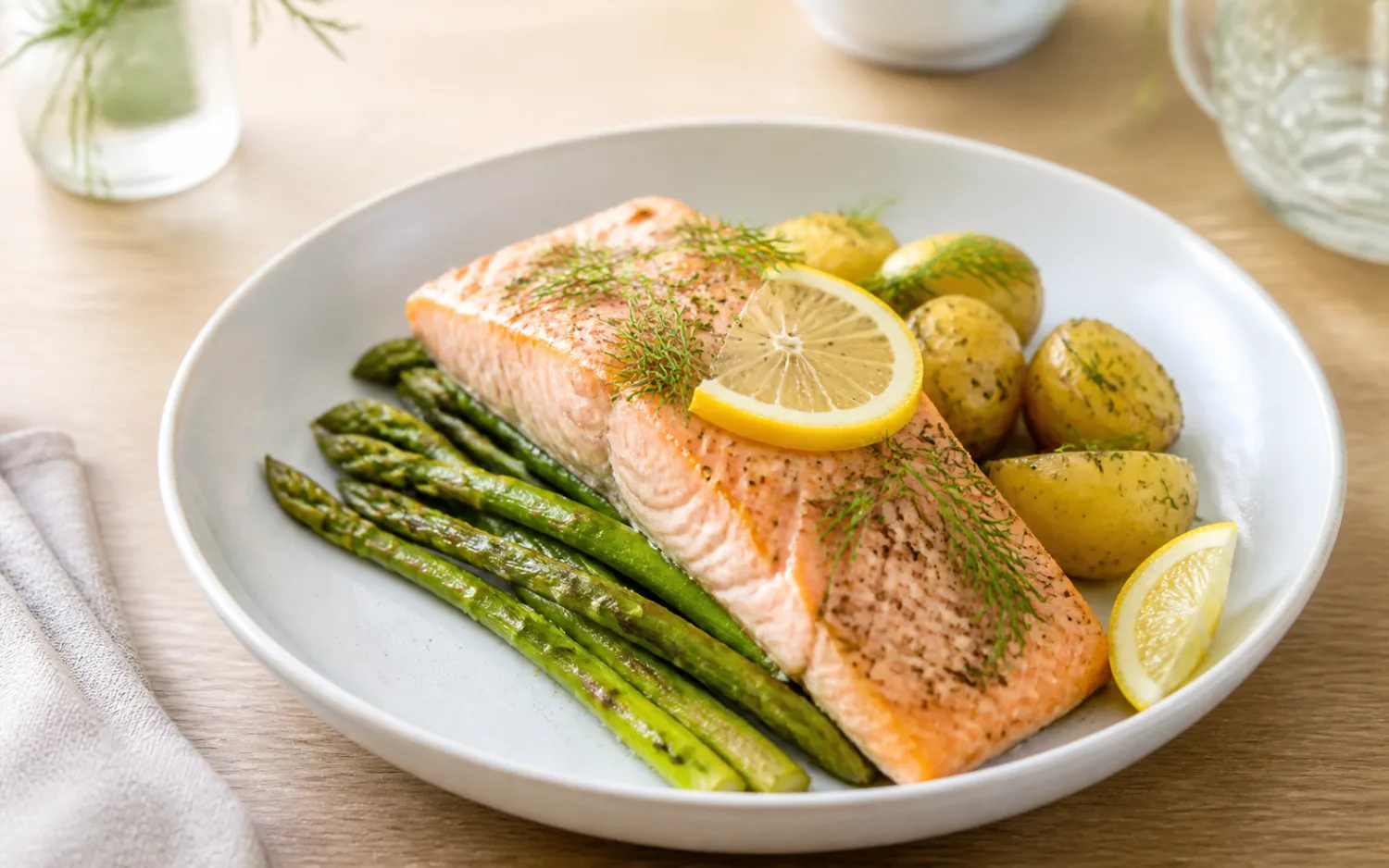 Zalm met groene asperges geserveerd op wit keramisch servies op een lichte houten tafel.