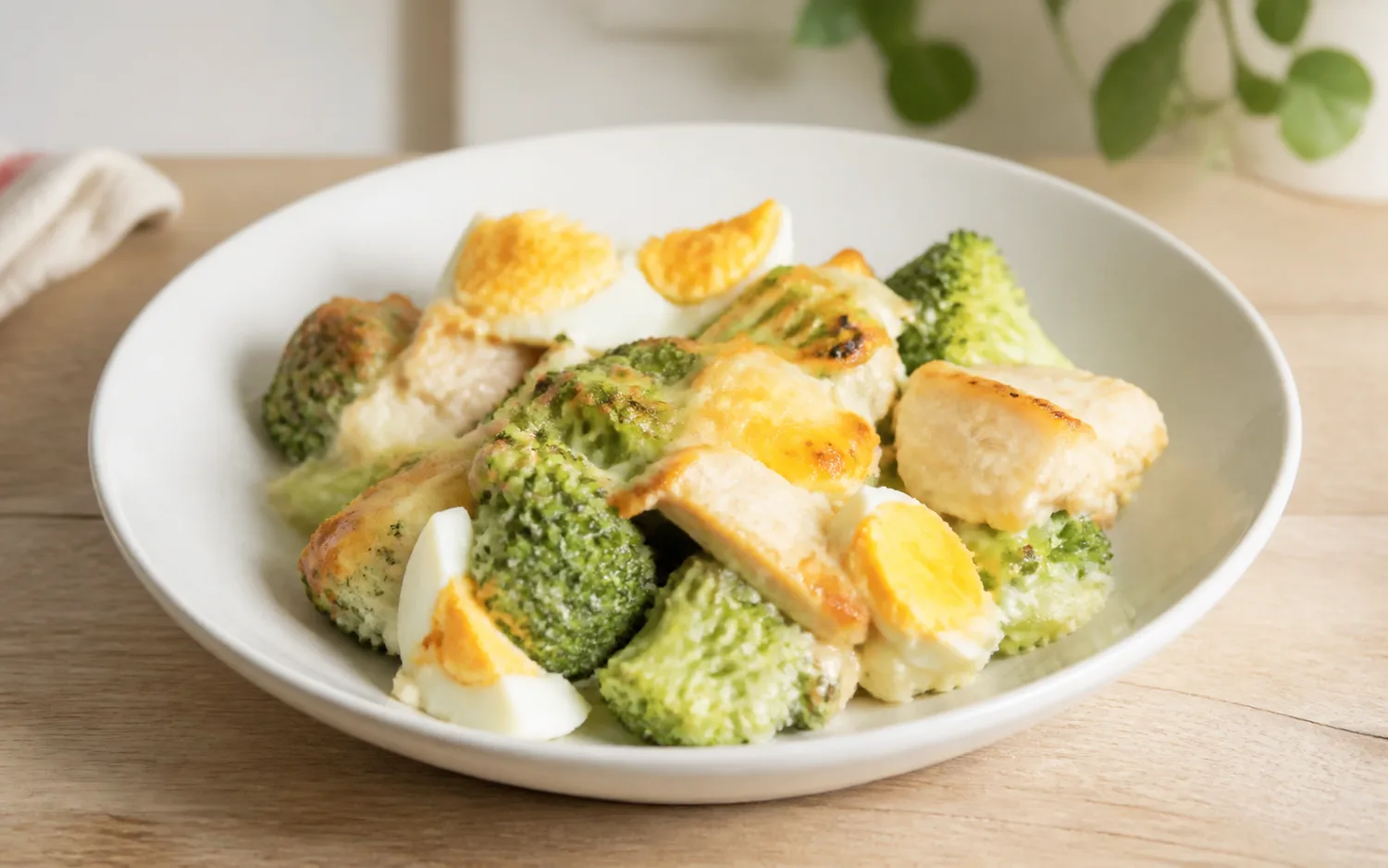 Broccoli-ovenschotel geserveerd op wit keramisch servies op een lichte houten tafel.