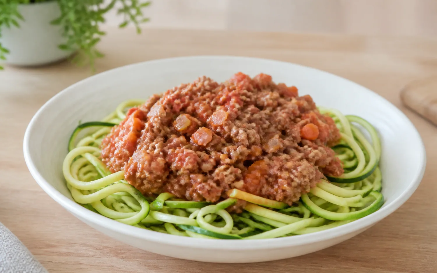 Courgetti bolognese geserveerd op wit keramisch servies op een lichte houten tafel.
