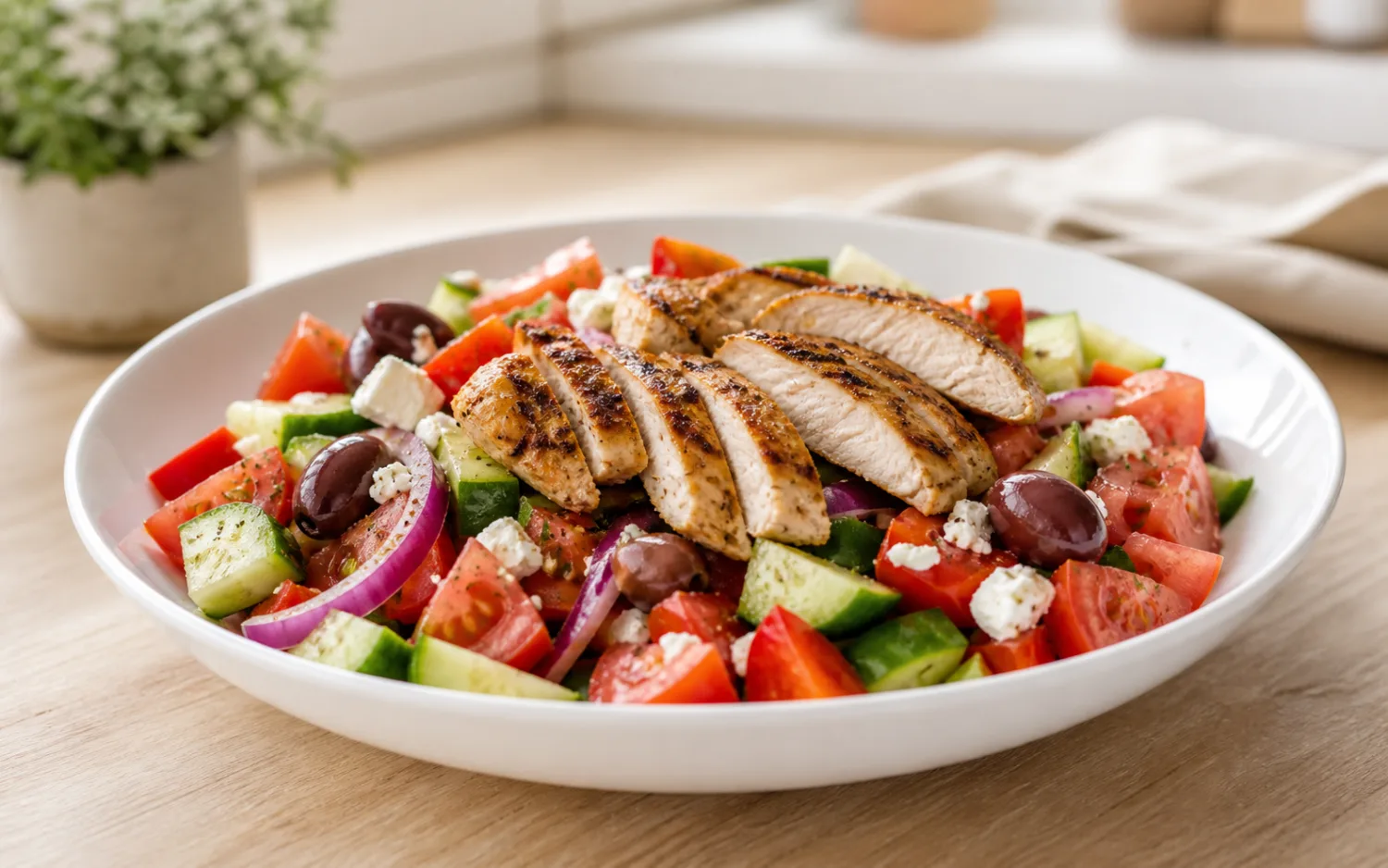 Griekse salade met gegrilde kip geserveerd op wit keramisch servies op een lichte houten tafel.