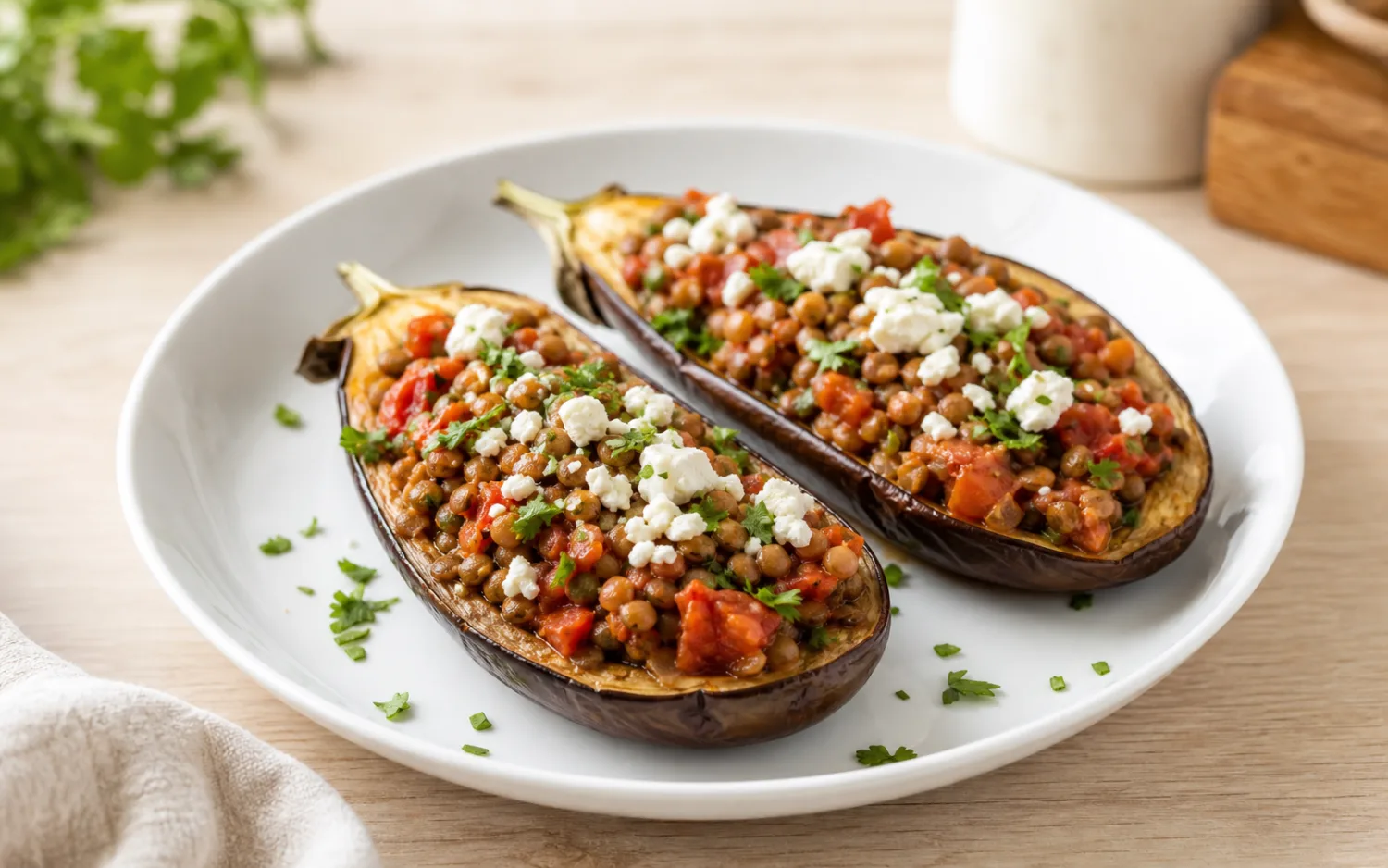 Gevulde aubergine geserveerd op wit keramisch servies op een lichte houten tafel.