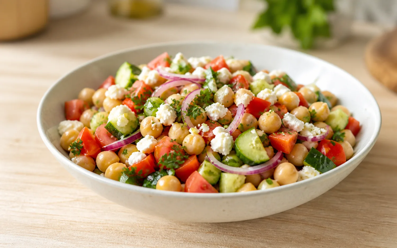 Kikkererwtensalade geserveerd op wit keramisch servies op een lichte houten tafel.