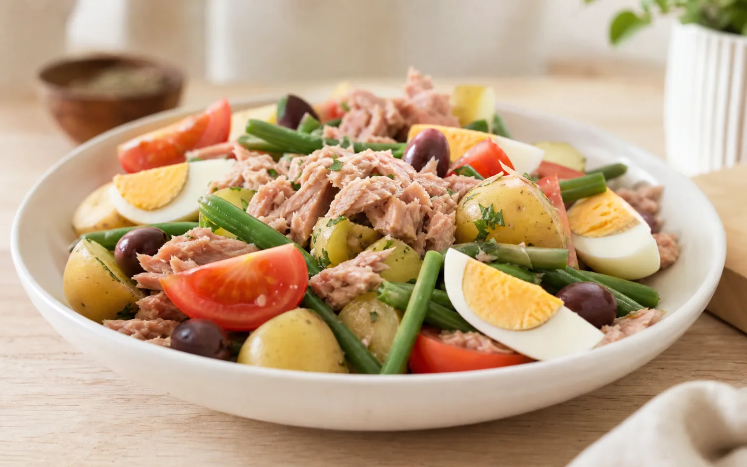 Mediterrane tonijnsalade geserveerd op wit keramisch servies op een lichte houten tafel.