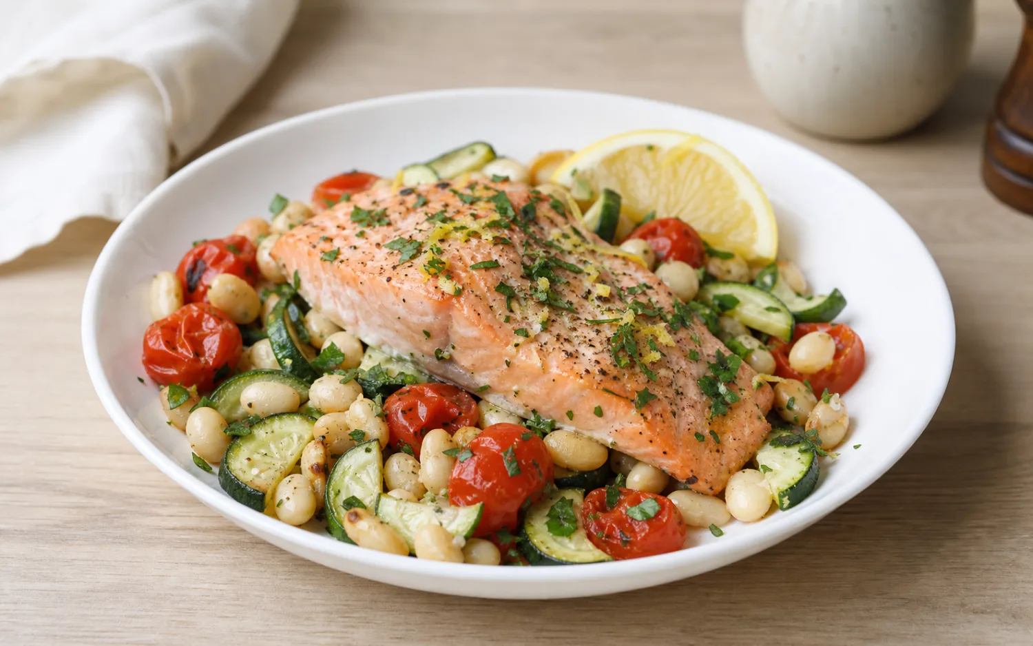 Mediterrane zalm geserveerd op wit keramisch servies op een lichte houten tafel.