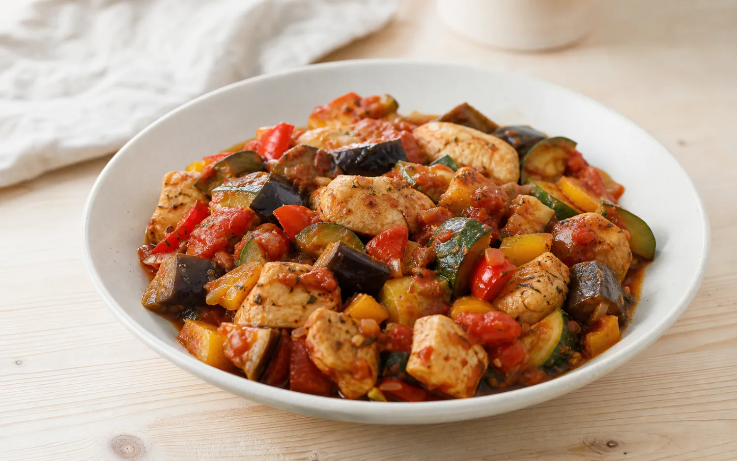 Ratatouille met kip geserveerd op wit keramisch servies op een lichte houten tafel.