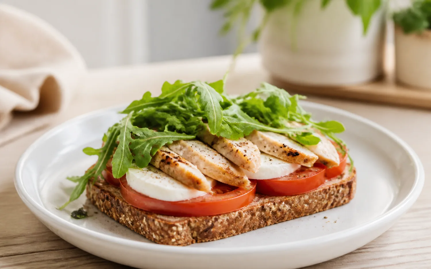 Tomaat-mozzarella met kip geserveerd op wit keramisch servies op een lichte houten tafel.