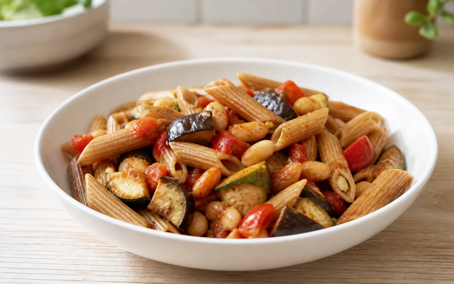 Volkoren pasta met mediterrane groenten geserveerd op wit keramisch servies op een lichte houten tafel.