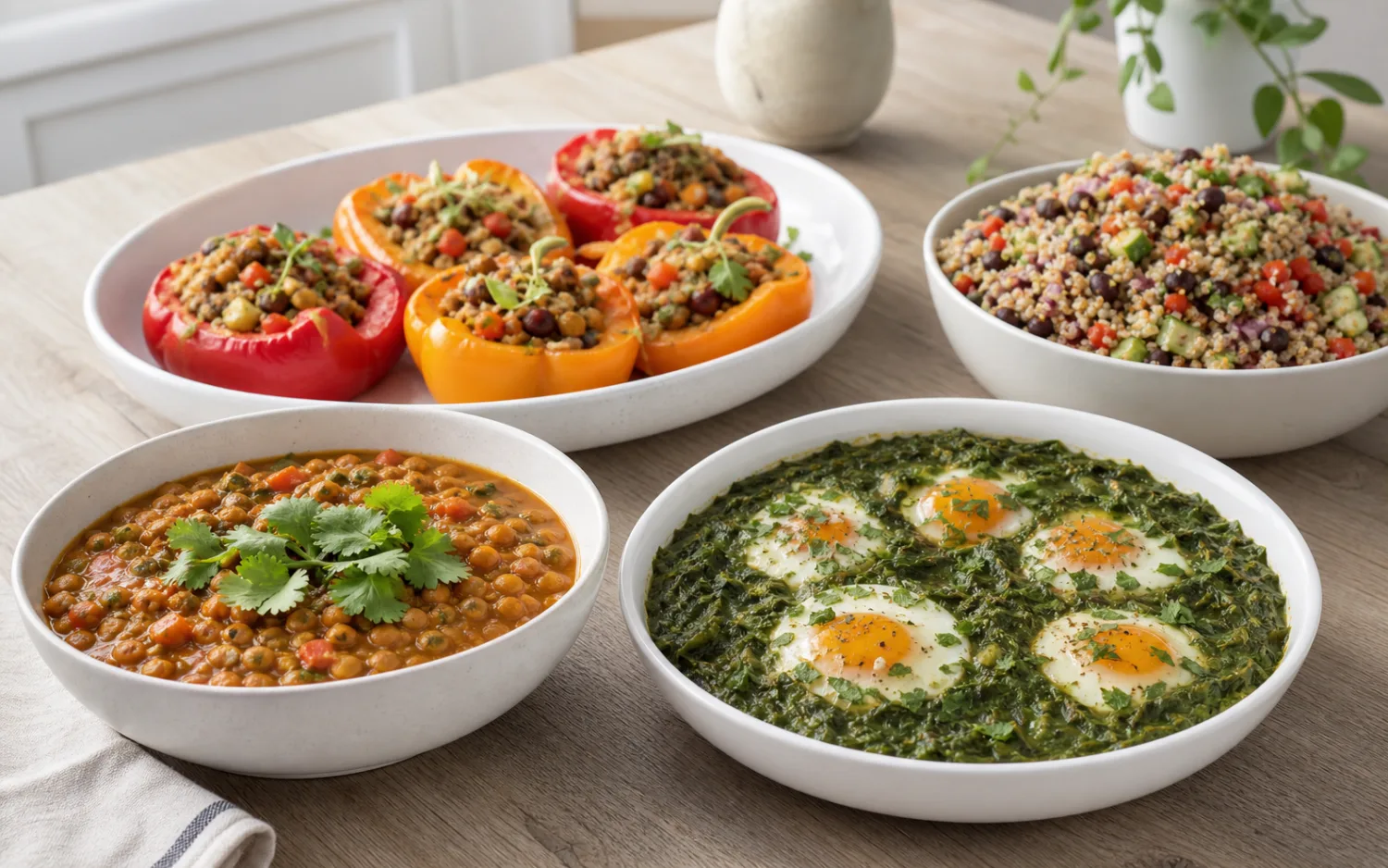Een gevarieerde selectie gerechten uit de categorie vegetarische recepten op wit keramisch servies op een lichte houten tafel.