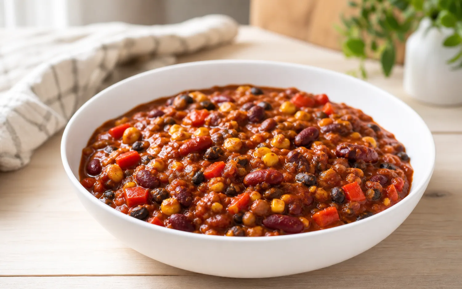 Chili sin carne geserveerd op wit keramisch servies op een lichte houten tafel.