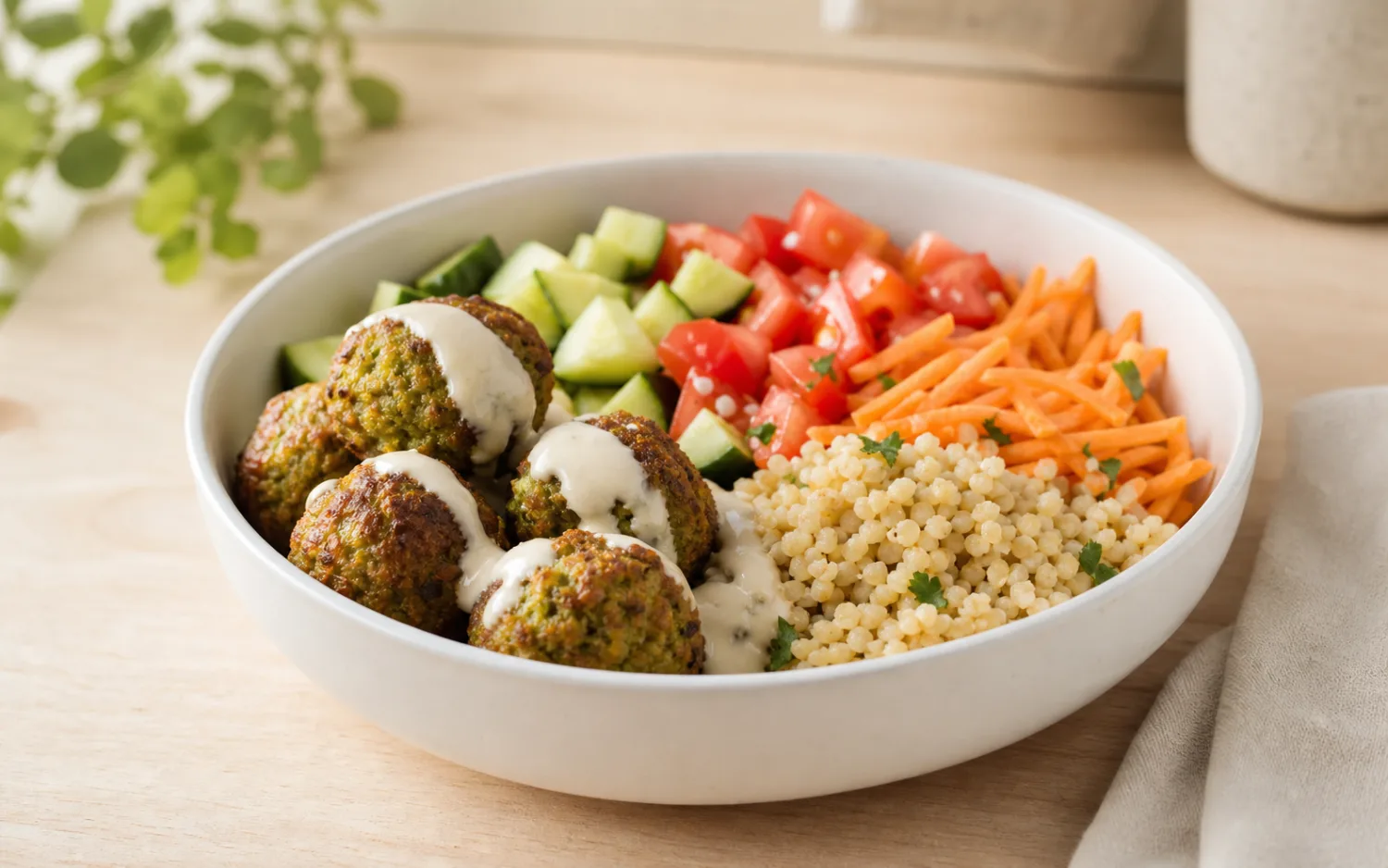Falafelbowl geserveerd op wit keramisch servies op een lichte houten tafel.