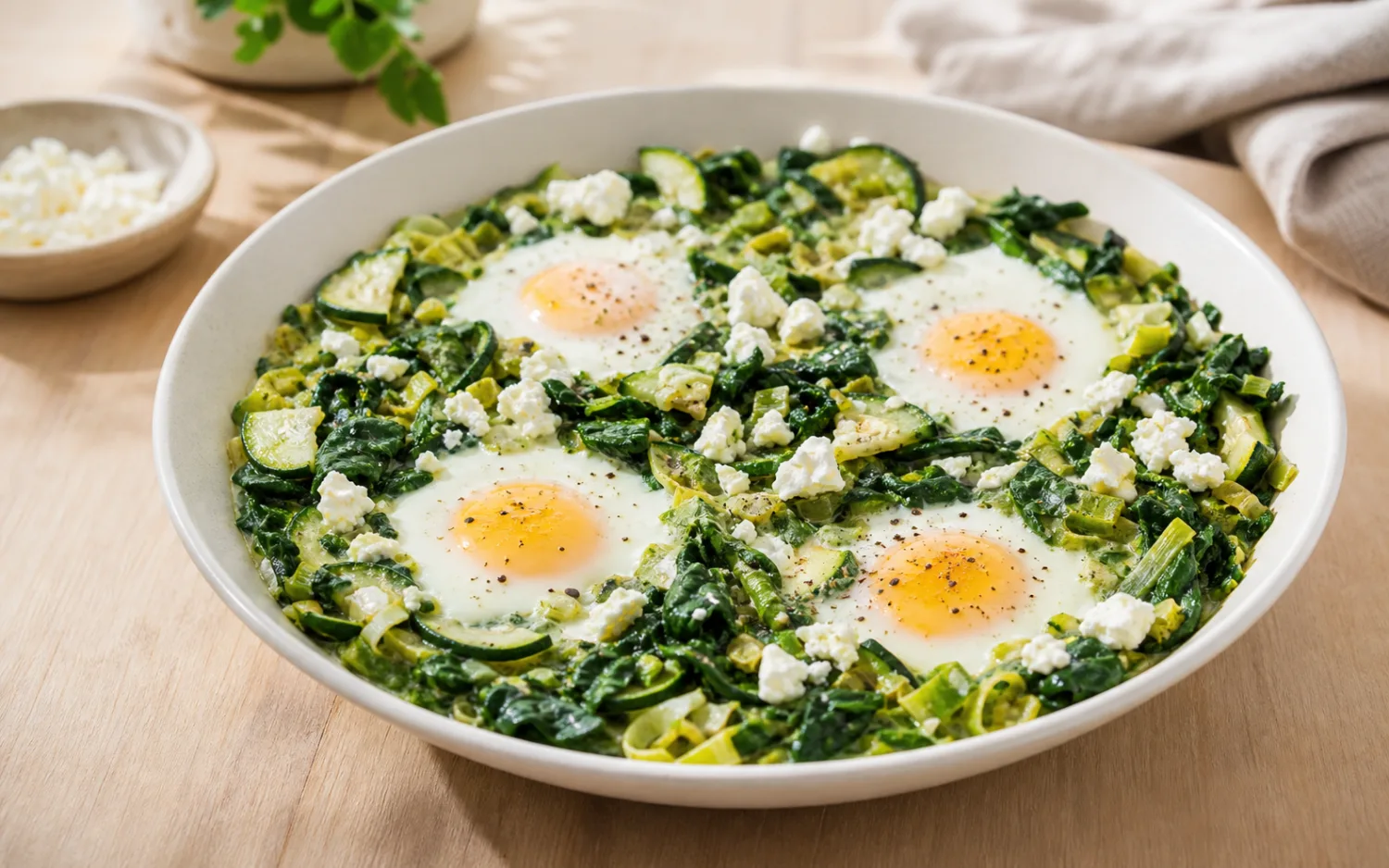Groene shakshuka geserveerd op wit keramisch servies op een lichte houten tafel.