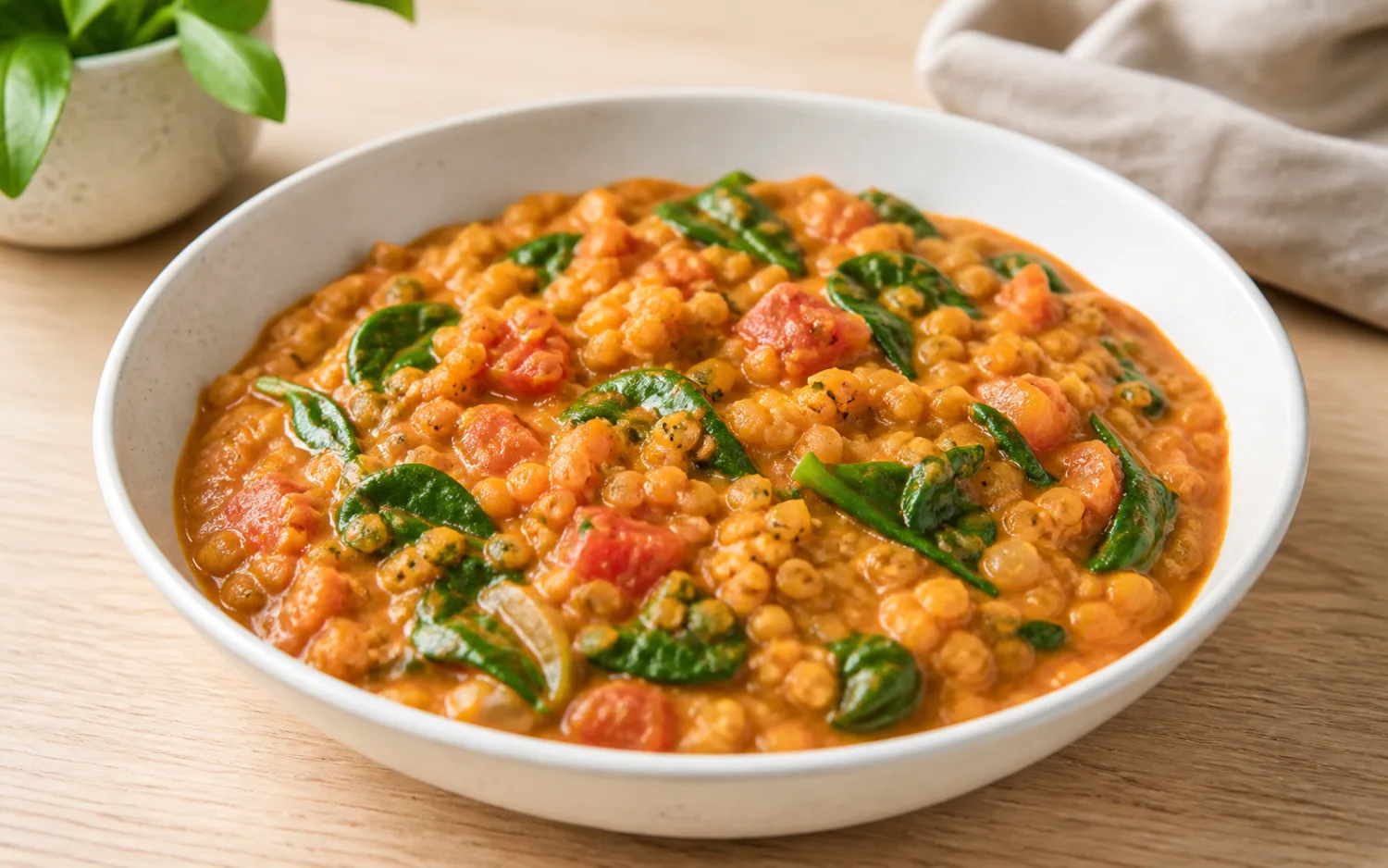 Linzencurry geserveerd op wit keramisch servies op een lichte houten tafel.