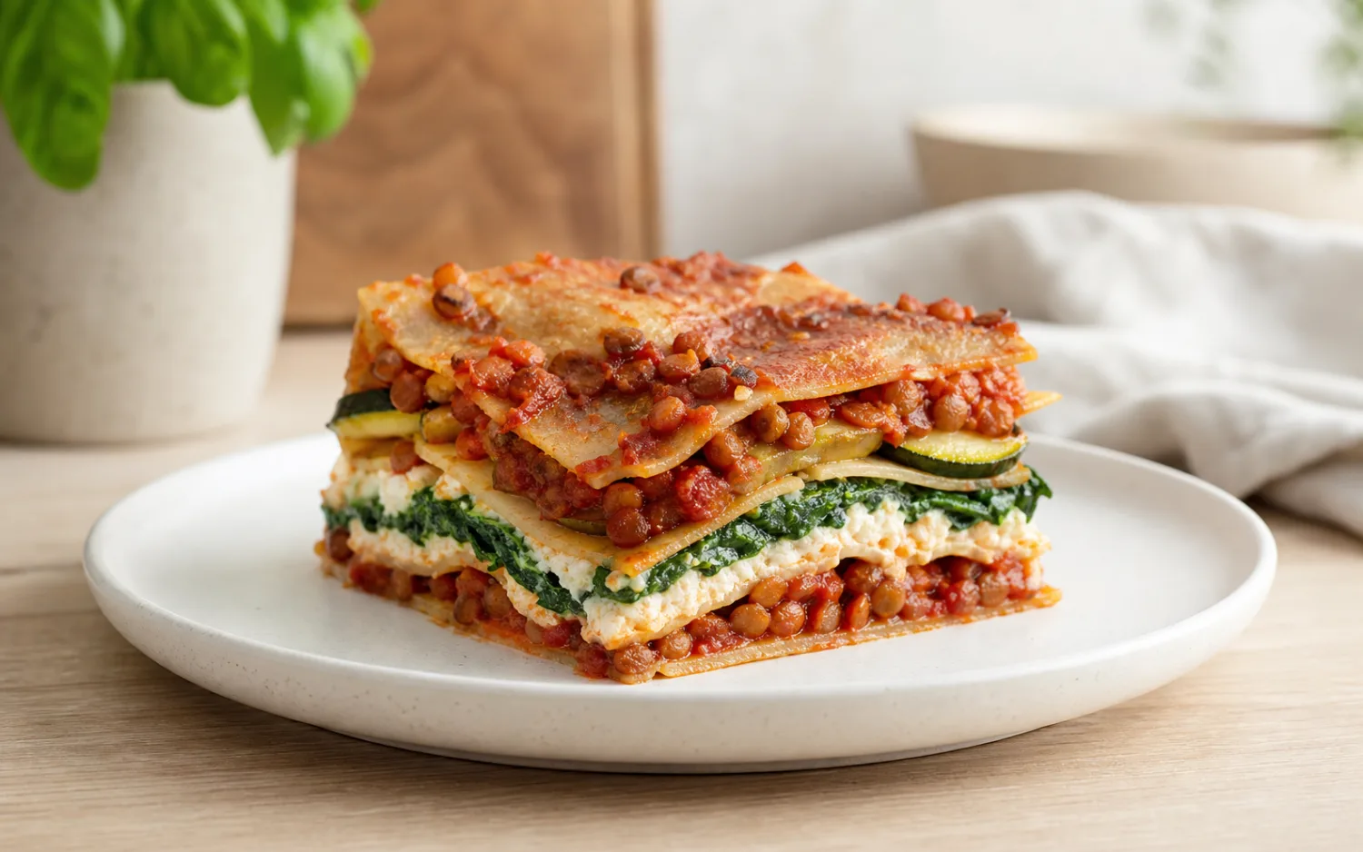Vegetarische lasagne geserveerd op wit keramisch servies op een lichte houten tafel.