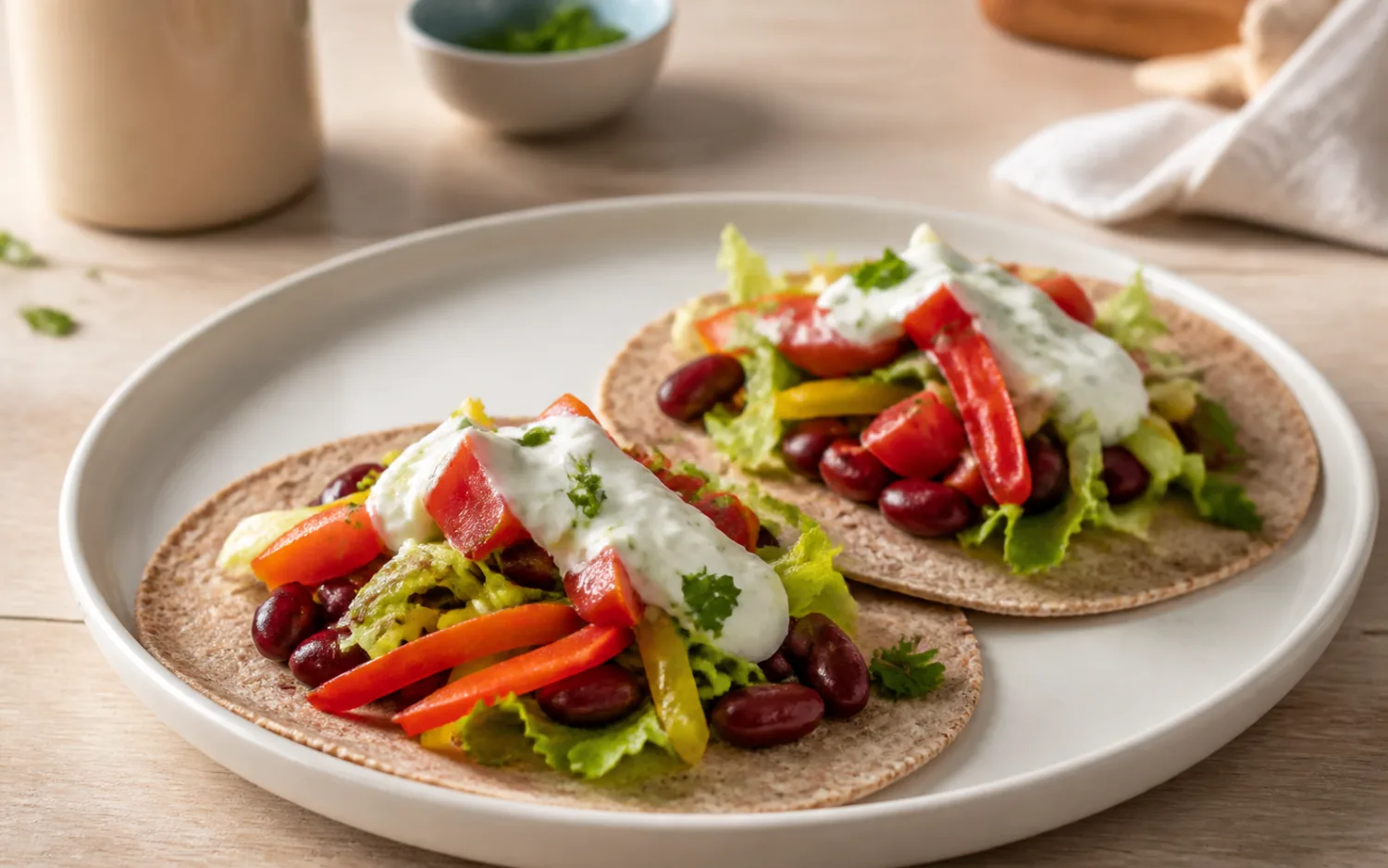 Vegetarische wraps geserveerd op wit keramisch servies op een lichte houten tafel.