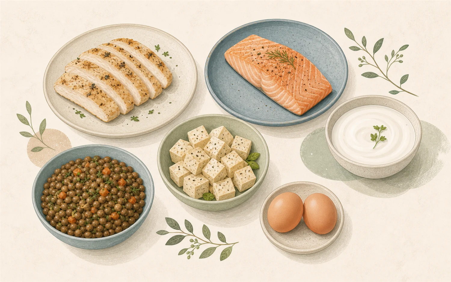 Gevarieerde eiwitbronnen met peulvruchten, tofu, yoghurt, eieren, vis en gevogelte.