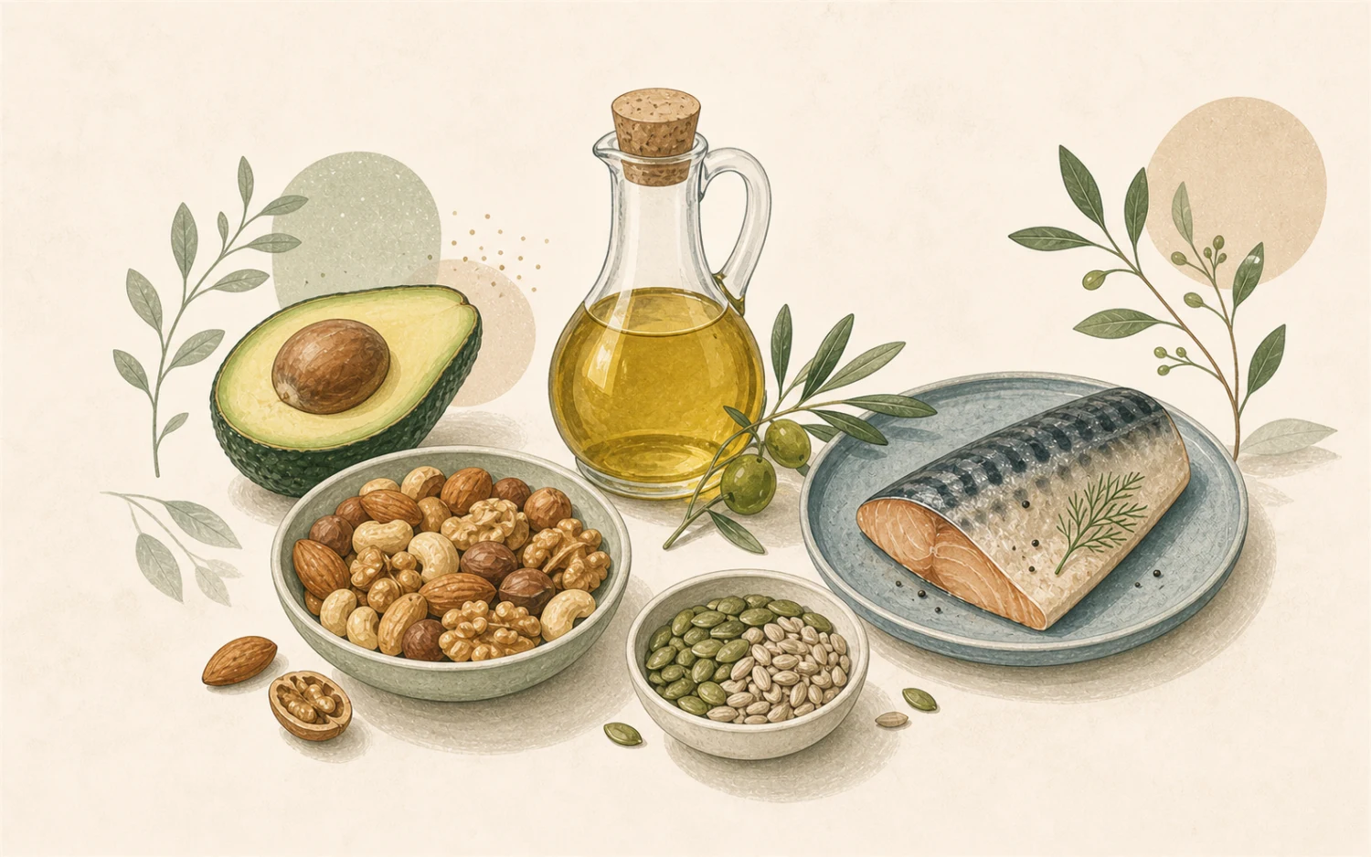 Olijfolie, noten, zaden, avocado en vis als voorbeelden van verschillende vetbronnen.