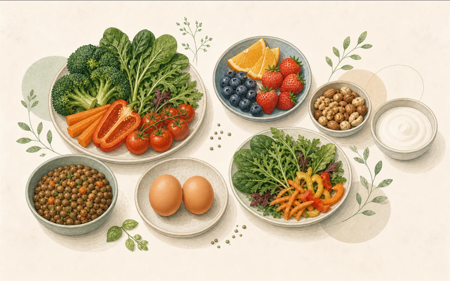 Een gevarieerde selectie groenten, fruit, peulvruchten, noten, zuivel en eieren als bronnen van micronutriënten.