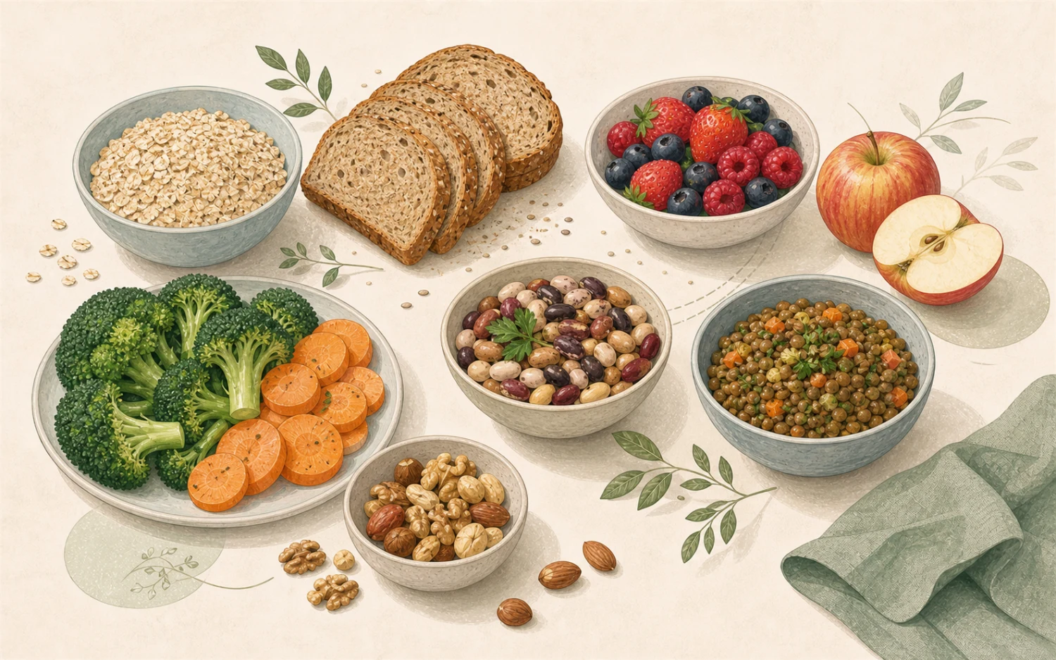 Volkorenbrood, havermout, groenten, fruit, noten en peulvruchten als vezelrijke voedingsmiddelen.