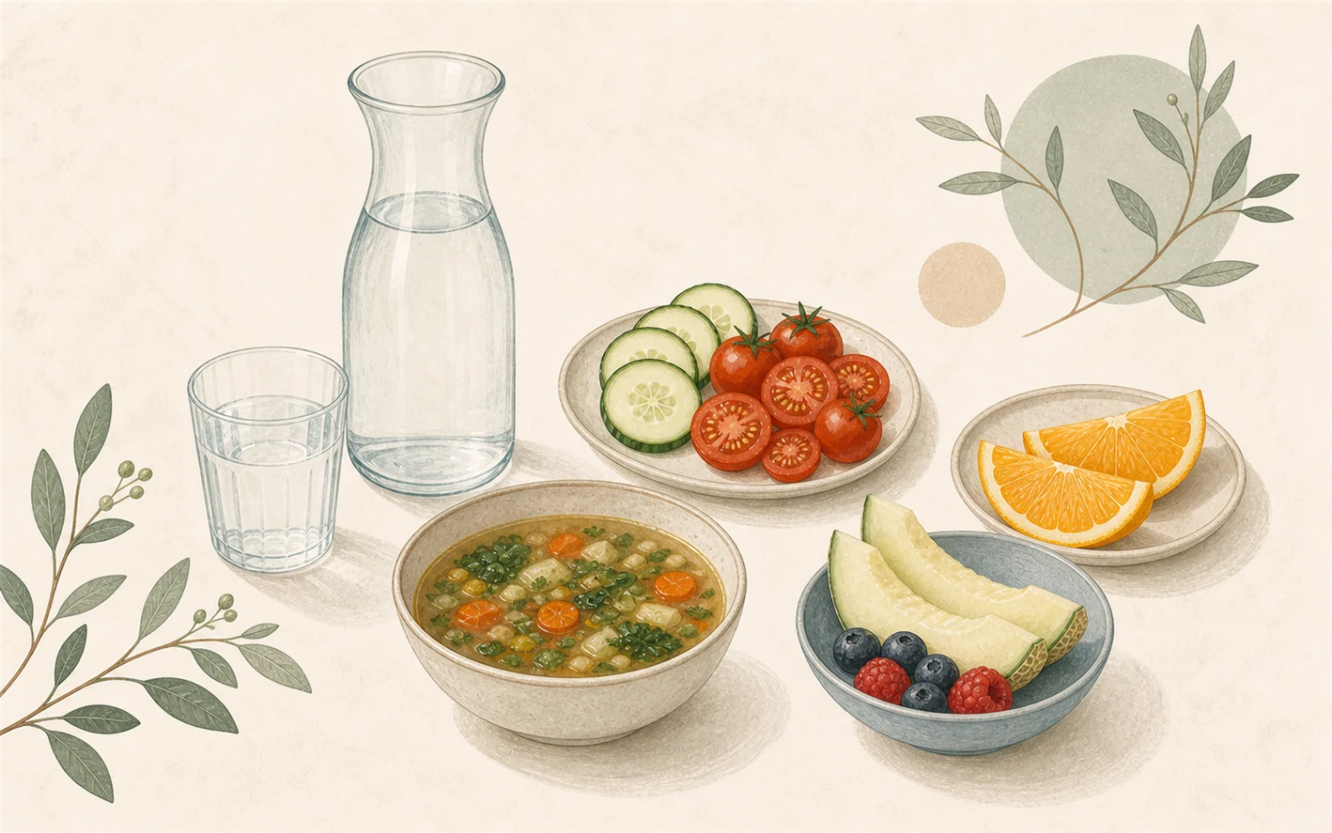 Een glas en karaf water naast fruit, groenten en soep die eveneens vocht aanbrengen.
